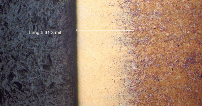 Figure 1. Carburized and Quenched 8620 alloy showing higher hardness and carbon content martensite n