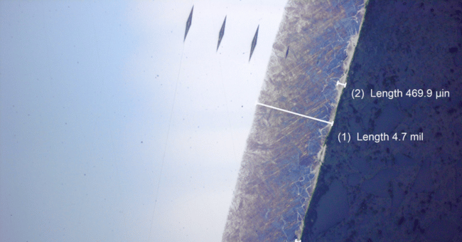 Figure 4. Nitrided stainless steel (17-4 PH) showing sharp transition from case to core. Hardness in